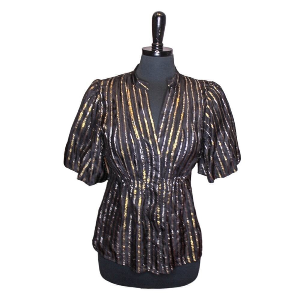 BCBGmaxazaria Silk Blouse Short Sleeve Black Gold Striped V Neck M